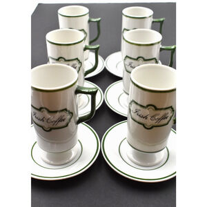 Vintage Knobler Irish Coffee White & Green Ceramic Pedestal Mugs with Saucers